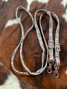 3/4’’ x 8ft Python nylon contest rein with leopard print, silver buckles, red clasps