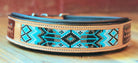 Handcrafted Padded Leather Tooled Dog Collar with Blue, White and Black Beading Dog