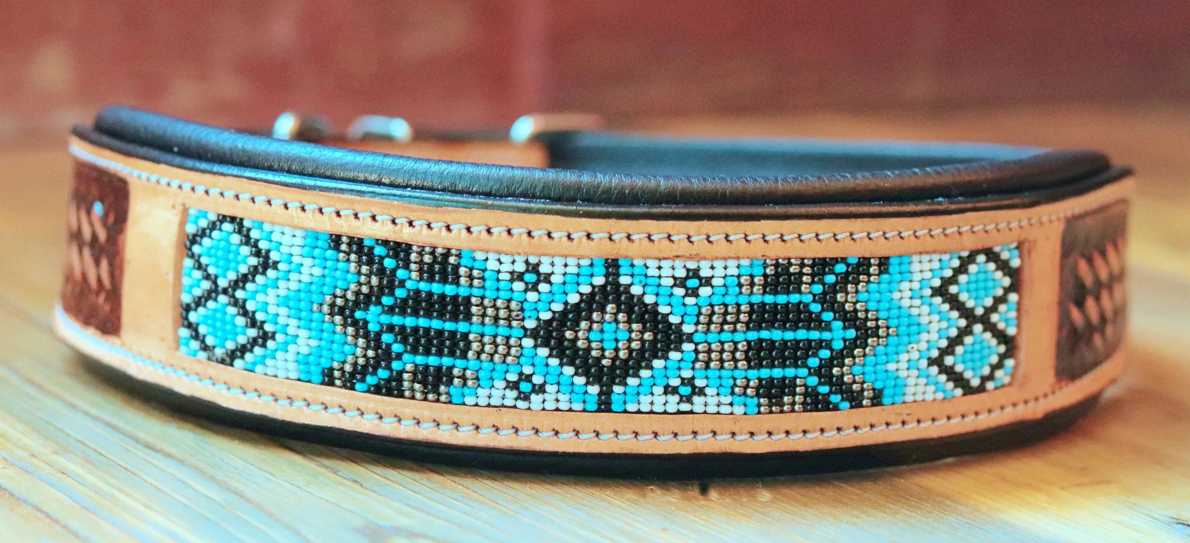 Handcrafted Padded Leather Tooled Dog Collar with Blue, White and Black Beading Dog