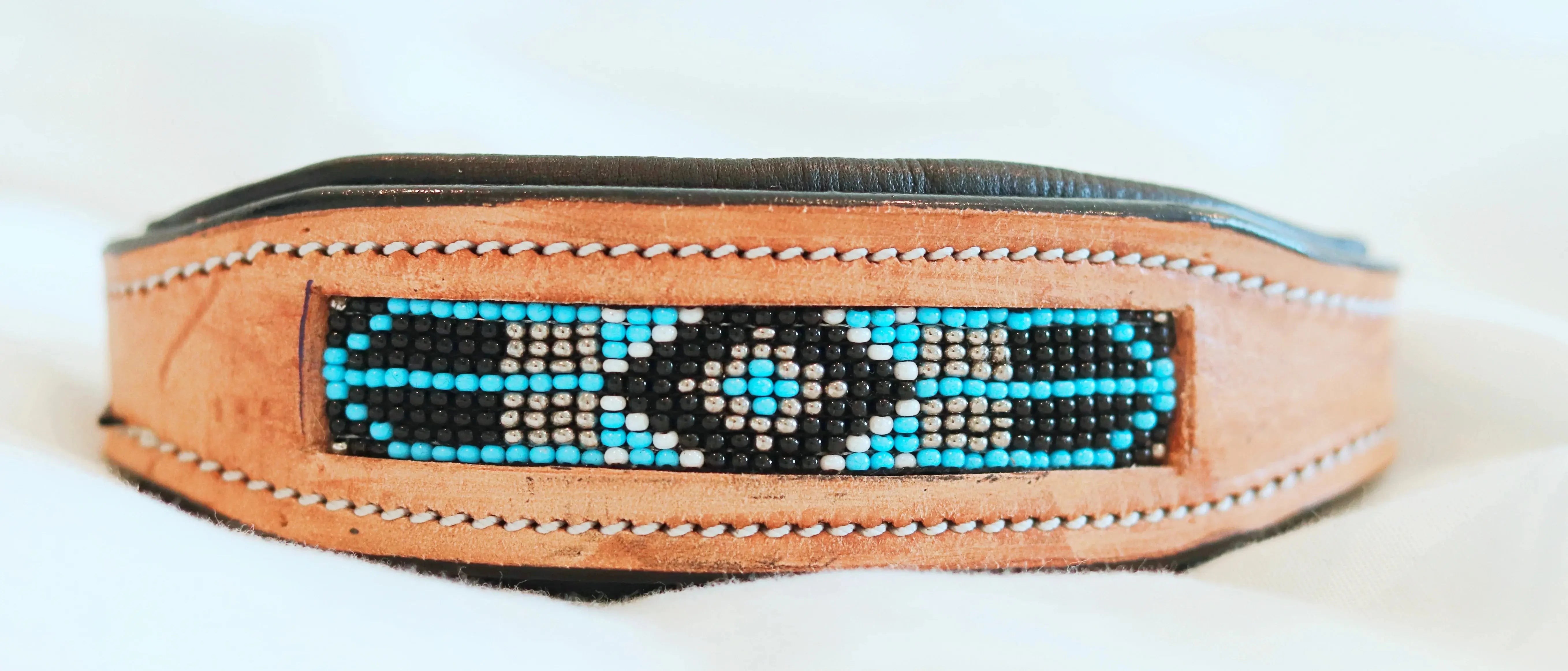 Handcrafted Padded Leather Tooled Dog Collar with Blue, White and Black Beading Dog