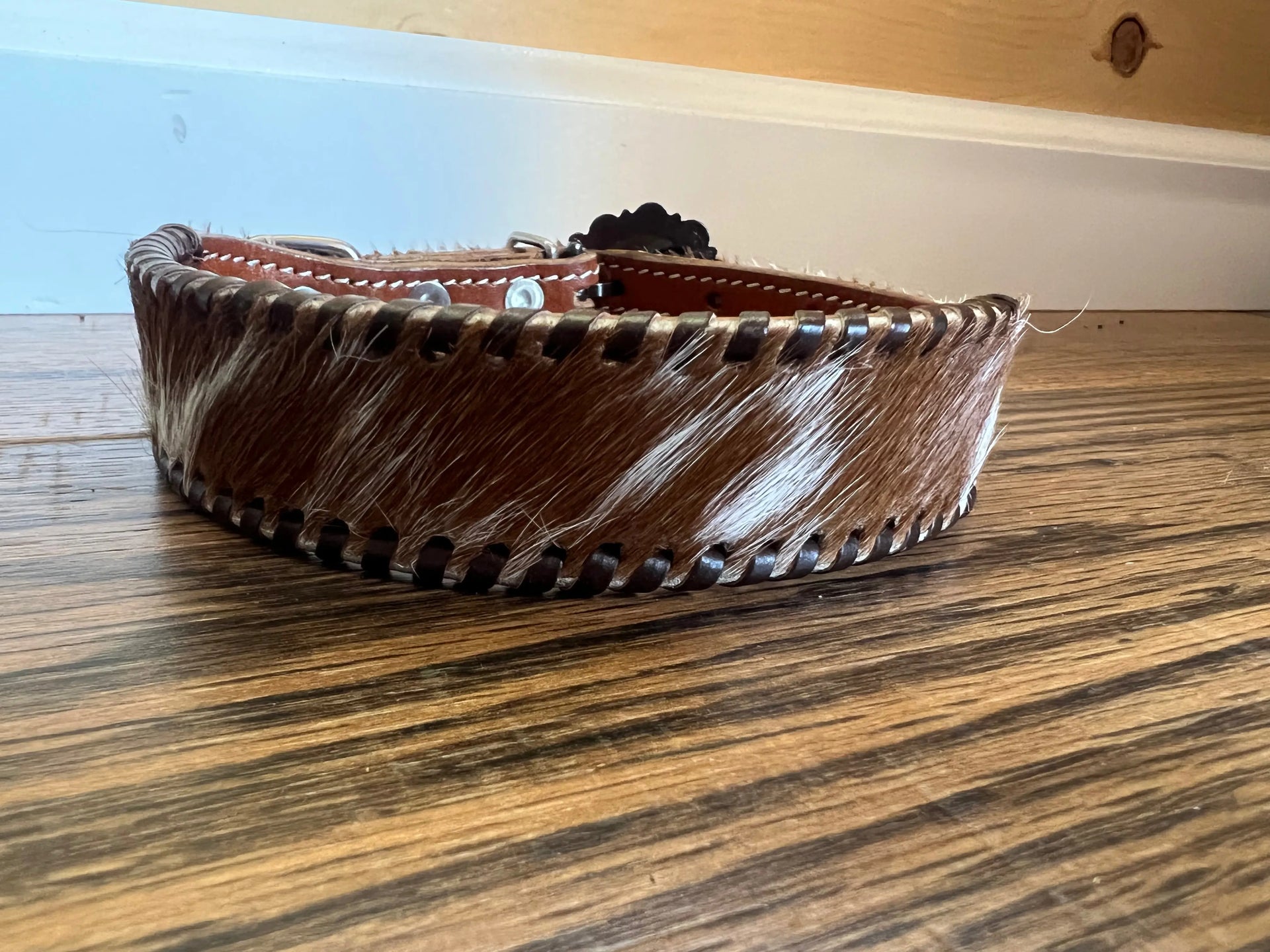 Leather dog collar with hair on cowhide with rawhide lacing - KP