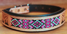 Handcrafted Padded Leather Tooled Dog Collar with Pink and Black Beading Dog