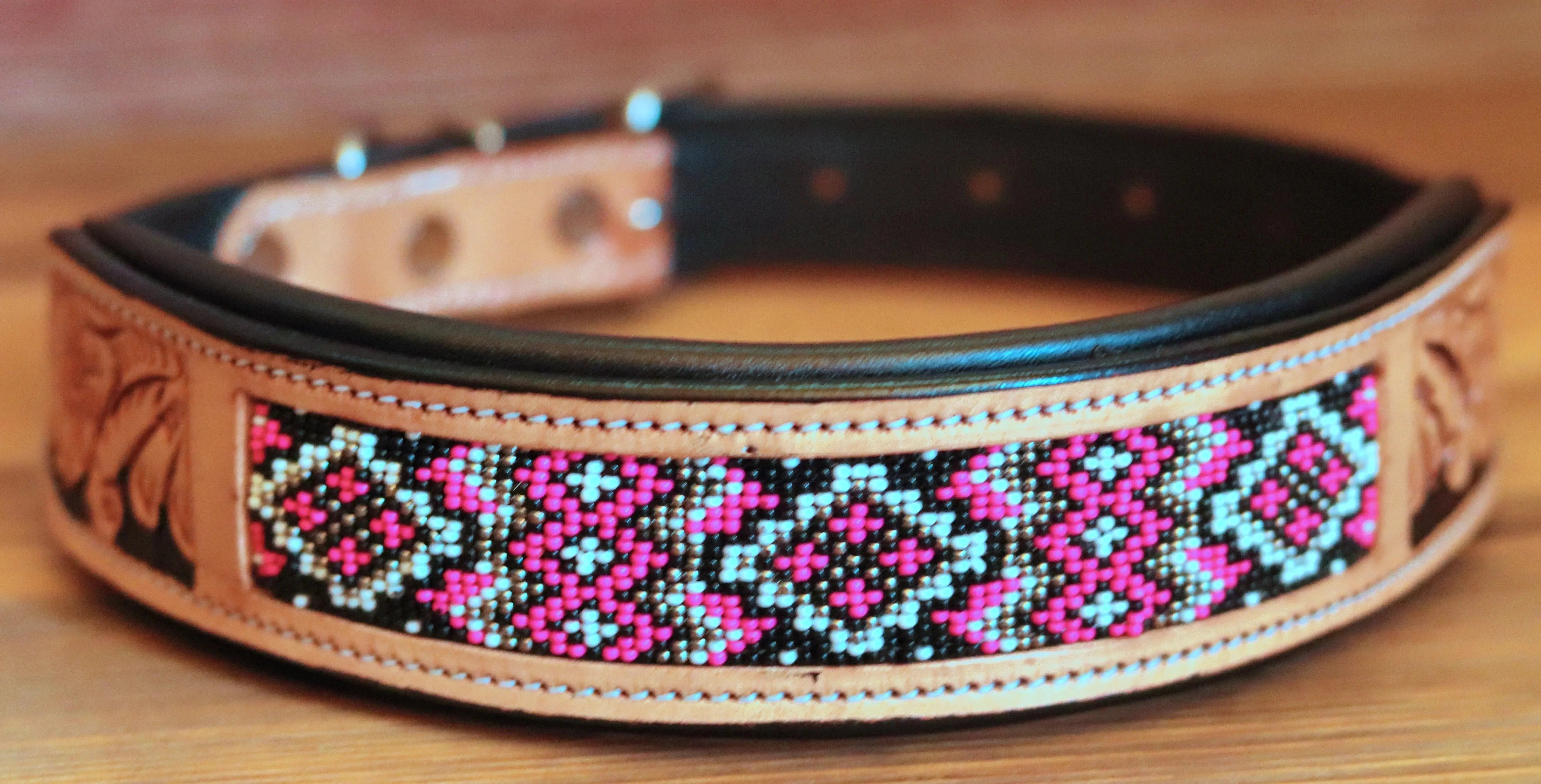 Handcrafted Padded Leather Tooled Dog Collar with Pink and Black Beading Dog