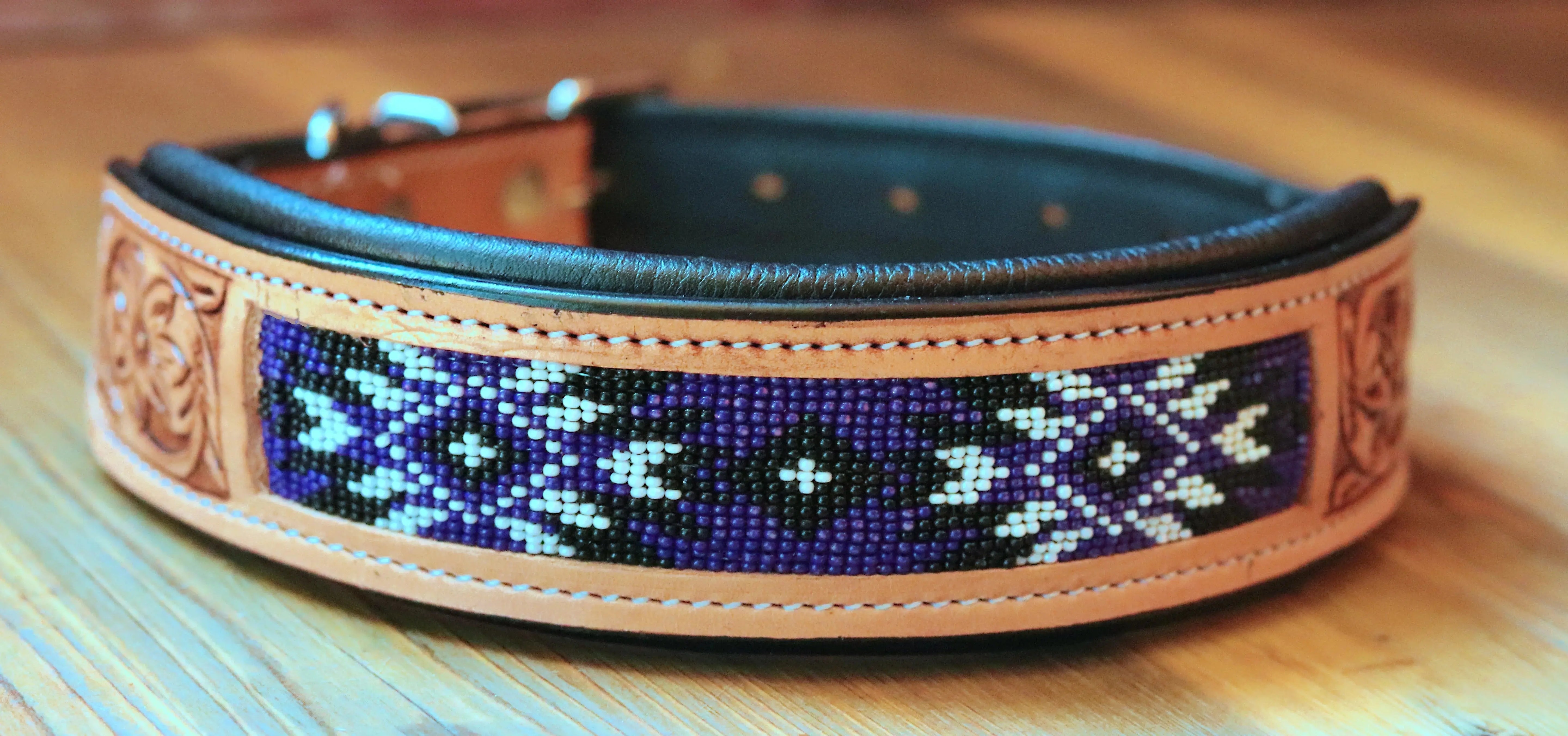 Handcrafted Padded Leather Tooled Dog Collar with Purple and Black Beading Dog