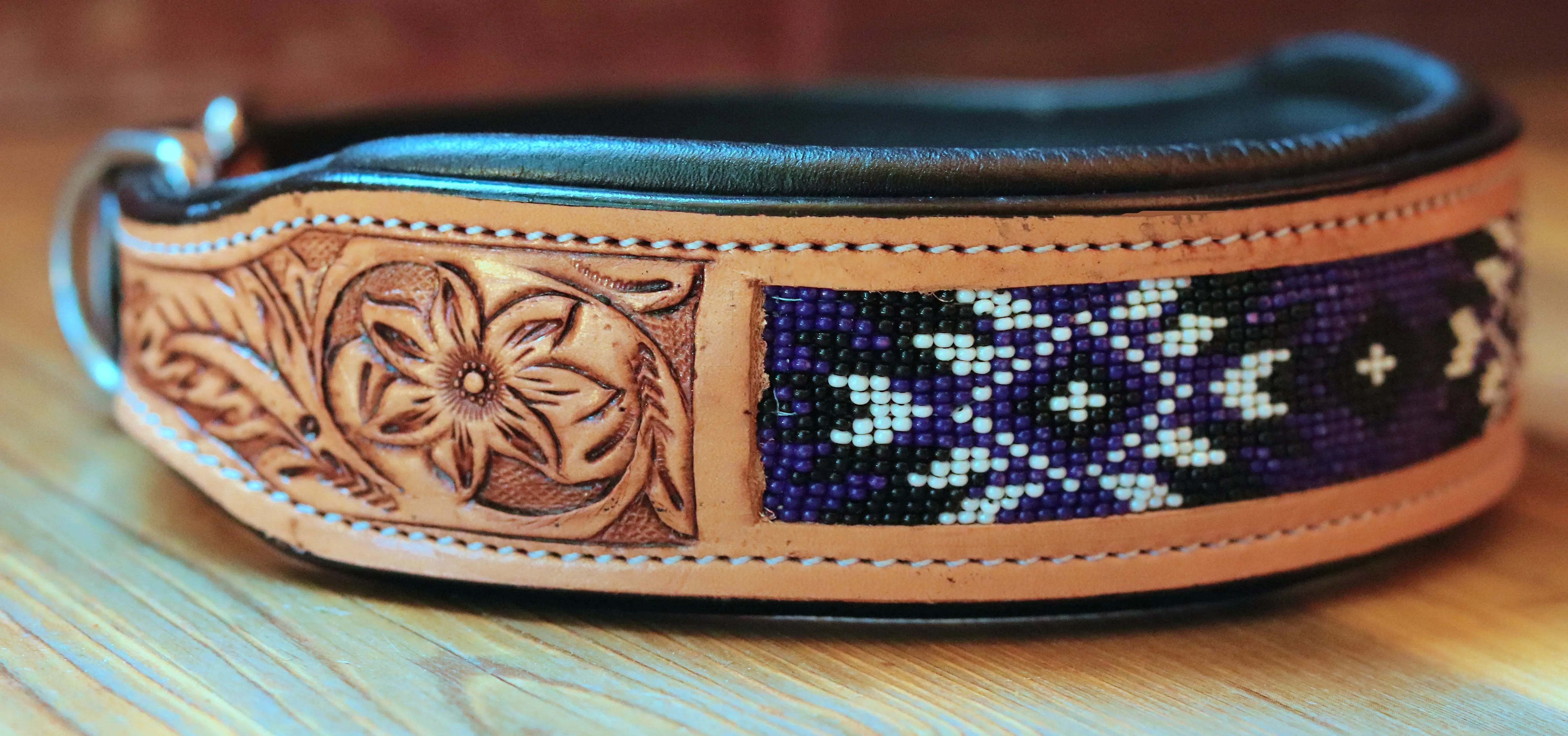 Handcrafted Padded Leather Tooled Dog Collar with Purple and Black Beading Dog