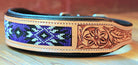 Handcrafted Padded Leather Tooled Dog Collar with Purple and Black Beading Dog