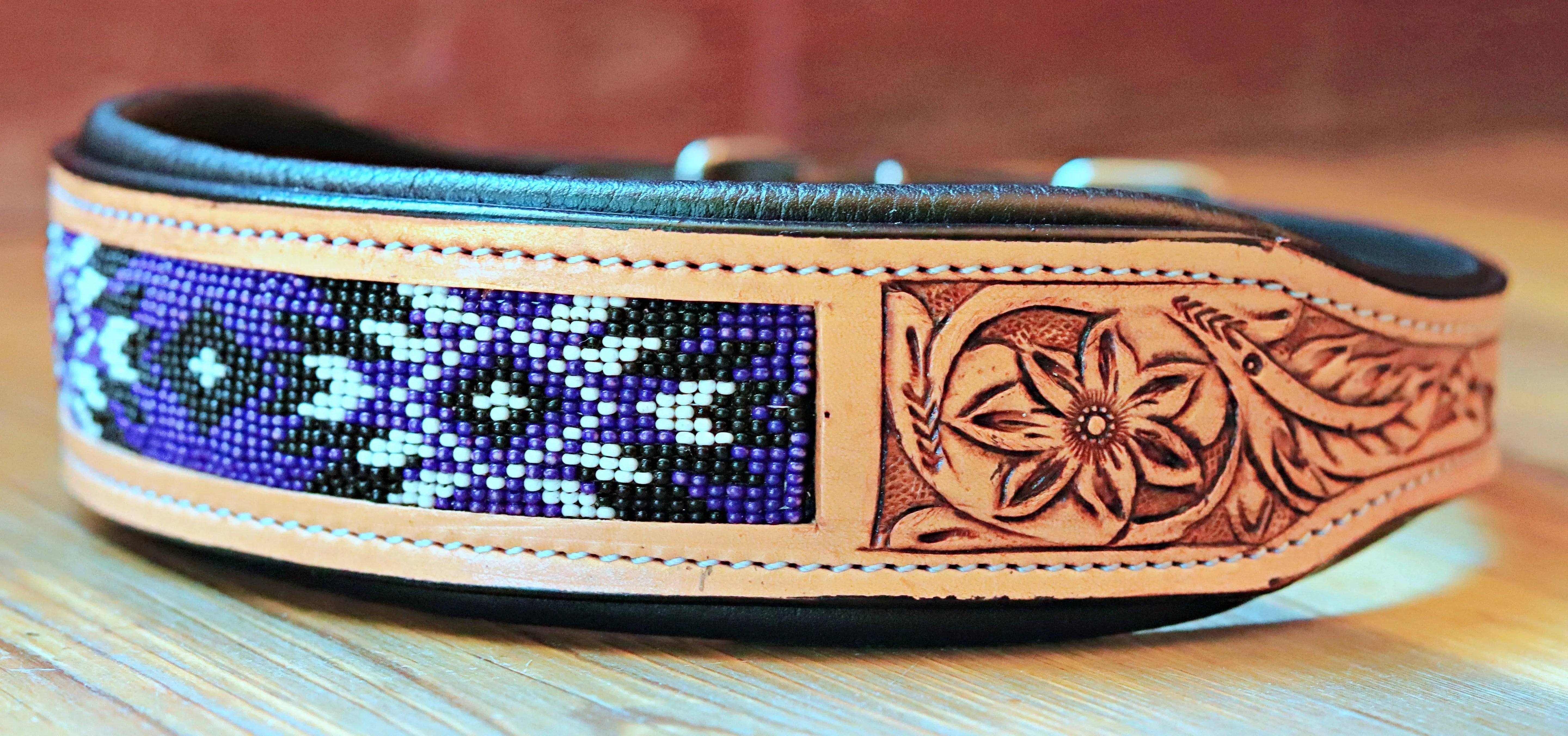 Handcrafted Padded Leather Tooled Dog Collar with Purple and Black Beading Dog