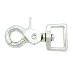 Metal trigger snap hook with rectangular swivel, durable pet leash or collar hardware.